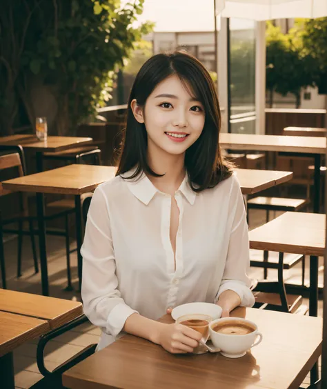 ((Top quality, 8K, Masterpiece: 1.3)), Beautiful girl, Pure, Melon face, Kind and cute, Sweet smile, Pure desire, Slender body, (Front), (Tilted head), ((Looking at camera) ), sunset, wearing a colorful suit, black medium hair, long flowing shoulders, roun...