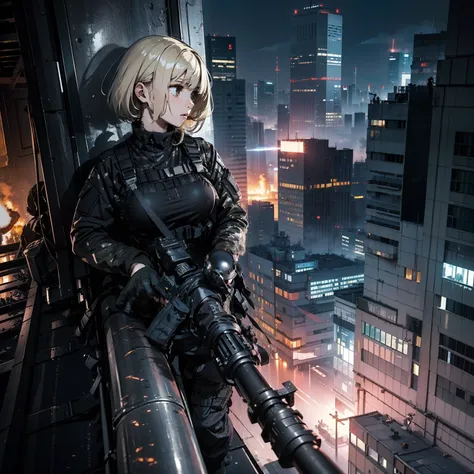 (Trained female soldiers)、((Aim and fire your rifle:1.4、Sniper stance、guns、h&K HK416))、1 Women、thick body、(Black combat uniform)、(platinum-blonde-hair:1.2)、((超A high resolution))、Detail Write、​masterpiece、top-quality、extremely details CG、8K picture quality...