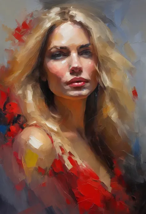 Female portrait, bold and expressive brushwork, thick heavy acrylic paint, beautiful woman, long blond hair, eyes looking at camera, provocative red dress, vibrant colors, surreal elements, art by Wadim Kashin.