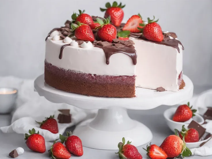 Strawberry chocolate cake with cream, Cinematic, Professional Photography, Studio Lighting, Studio Background, advertising photography, Intricate details, ultra-detailliert, A hyper-realistic, 8KUHD