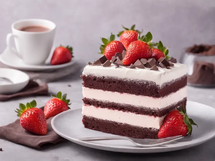 Strawberry chocolate cake with cream, Cinematic, Professional Photography, Studio Lighting, Studio Background, advertising photography, Intricate details, ultra-detailliert, A hyper-realistic, 8KUHD