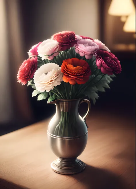 carnations in a vase, High quality photo, ultra high res, (photorealistic:1.4), cinema lighting, insanely detailed, hyper realistic, fine details, octane render