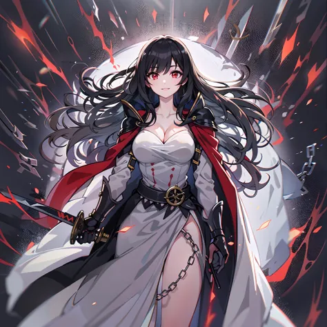 upper body, 1woman, grey-black hair, Long Haired, red eyes, ((swordwoman)), black cape, big breats, wallpaper, chain background, light particles, ((masterpiece)), ((best quality)), ((Top Quality)), pale white skin, solo, closed-mouth smile, standing pose