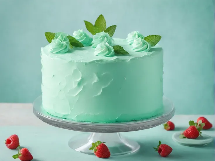 Mint Cream Cake, Cinematic, Professional Photography, Studio Lighting, Studio Background, advertising photography, Intricate details, ultra-detailliert, A hyper-realistic, 8KUHD