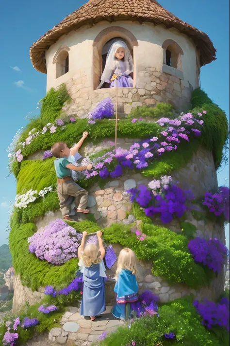 There are two children climbing a tower with a castle in the background, A Torre das Flores, coronation of the flower prince, Arte infantil em Artstation, Fantasia pintura fosca，fofo, Tangled, the wizards magical tower!!, beautiful render of a fairytale, R...