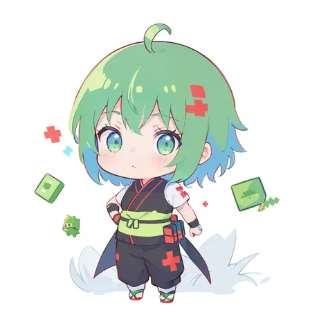 chibi ninja,(white background 1:3 ),the character is standing,masuter piece,ninjartist,official characters,green-haired maple-le...