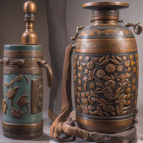 Ancient Chinese artifacts，The bottle is placed on the stone letter，Overall height 28 cm，There is a cover on it，Threading with hinges，The buckle is tight。The shape of this copper clean bottle is similar to that of the copper clean bottle unearthed by the mo...