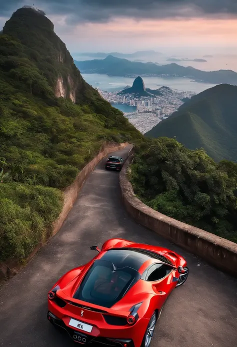 (best quality, 8k, master part :1.2), hyper realistic, cidade do Rio de Janeiro, Brasil, em uma montanha, uma Ferrari 488 vermelha detalhada, Cristo Redentor ao fundo, uma menino com uma arma cruzada e uma bola de futebol nos pes de costa em roupas de espo...