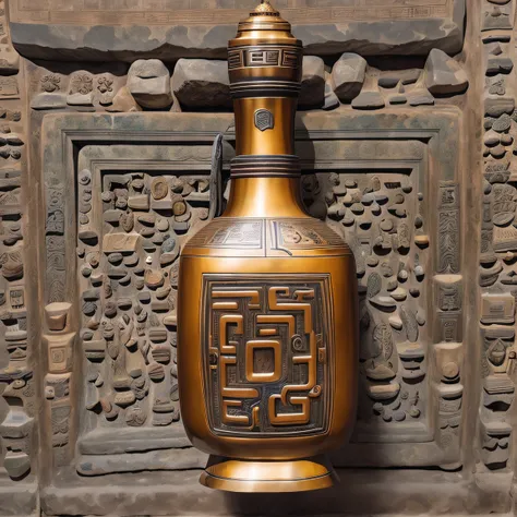 Ancient Chinese artifacts，The bottle is placed on the stone letter，Overall height 28 cm，There is a cover on it，Threading with hinges，The buckle is tight。The shape of this copper clean bottle is similar to that of the copper clean bottle unearthed by the mo...