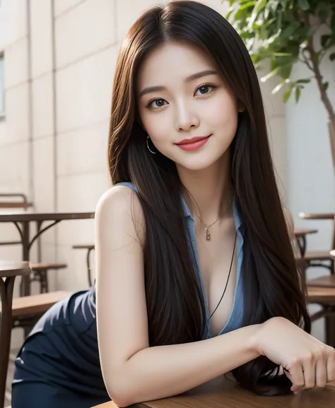 ((best quality, 8K, masterpiece: 1.3)), beautiful girl, pure, melon face, kind and cute, sweet smile, pure desire, slender body, (facing front), (tilted head), purple suit and skirt, long black silky straight hair, long flowing shoulders, round black big e...