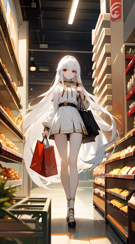 In a grocery story , shopping , bright lit , casual scene , Pretty girl , with extremely long hair , pure white hair , red eyes , has bangs , pale skin ,age 21,


Wearing a white outfit , had a hood , black trim , gold trim , short white skirt , black unde...