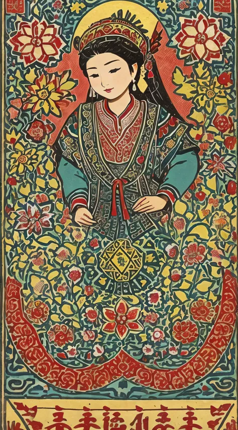 Xinjiang Adeles pattern、Uyghurs、geometric shapes、Botanical motifs、brightcolors、Traditional culture、ArtisticExpressions、National characteristics、Xinjiang regional elements、symetry、textiles、ceramics、buildings、Decorative motifs、Arab culture、Cultural heritage、...