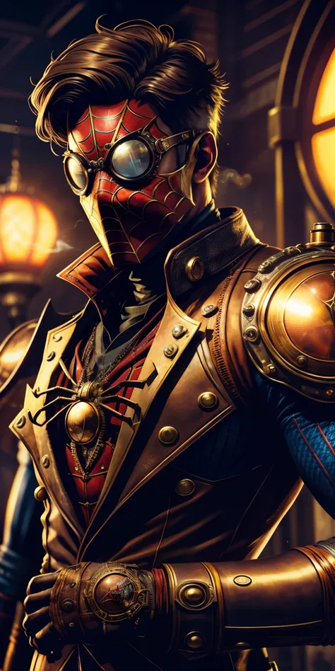 Spider-Man Steampunk sports a leather and brass suit adorned with mechanical details. Its chest features a spider gear that is a steam generator. He uses steam cannons on his wrists as "spiderwebs". His mask has smoked lenses and aviator-style goggles........