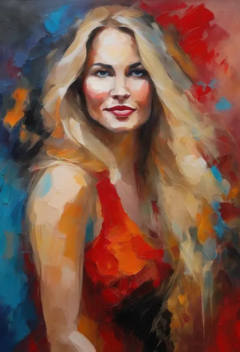 Female portrait, bold and expressive brushwork, thick heavy acrylic paint, beautiful woman, smiling, long blond hair, eyes looking at camera, red dress, vibrant colors, painterly background, fine art.