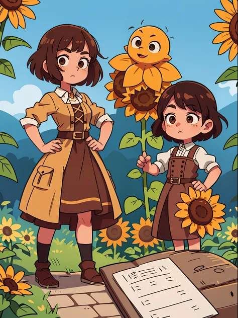 A  girl, with short brown hair, Brown eyes, Medieval dress, freckles on her face, loves sunflowers, At the Standing Pose picnic, character sheet, different angles