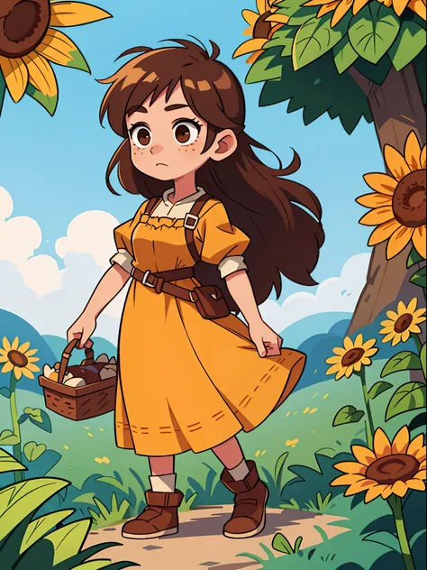 A  girl, with short brown hair, Brown eyes, Medieval dress, freckles on her face, loves sunflowers, At the Standing Pose picnic, character sheet, different angles