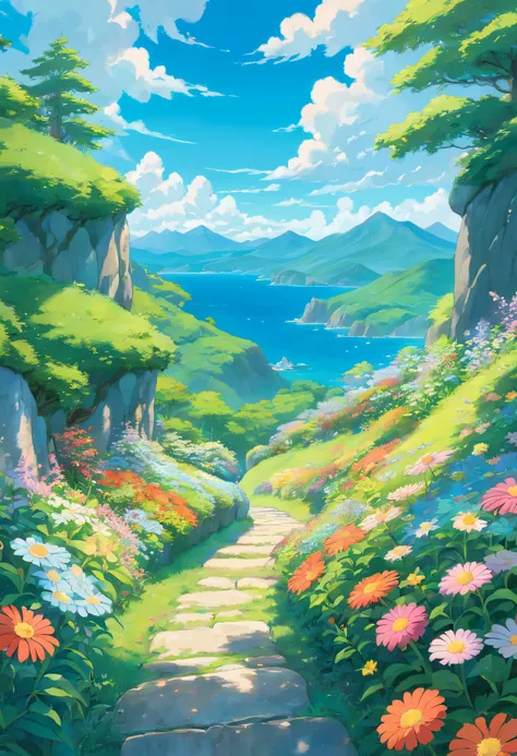 illustration,Original Painting,cartoon,Blue sky and white clouds,Sea of Flowers,Green Mountains,Canon EOS 80D,intricate details,cinematic light,8k