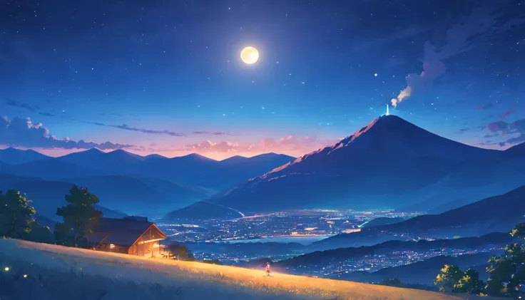 moon full，Blue night sky，bright star，Bonfire in the mountains，Small towns