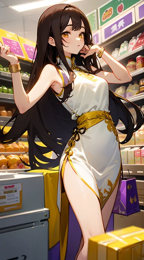 In a grocery story , shopping , bright lit , casual scene , Beautiful woman , very long hair , dark brown hair , gold eyes , lean body , yellow under hair , age 26,


Wearing a white dress, purple and gold trim , black straps, sleeveless , long white arm b...