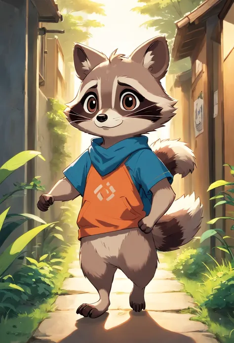 (best quality, high res), anthropomorphic raccoon character, adorable, small, walking on two legs, wearing a t-shirt, standing, looking at the viewer, "chibi body"