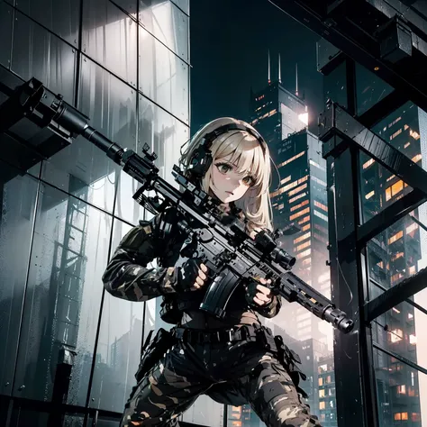 (Trained female soldiers)、((Aim and fire your rifle:1.4、Sniper stance、guns、h&K HK416))、1 Women、thick body、(Black combat uniform)、(platinum-blonde-hair:1.2)、((超A high resolution))、Detail Write、​masterpiece、top-quality、extremely details CG、8K picture quality...