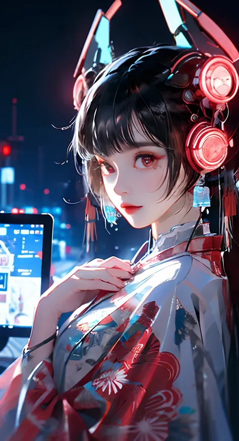 1 girl, Chinese_Clothes, liquid silver and pink, cyberhan, dressed in a pink kimono, Cyberpunk City, Dynamic Pose, glowing headphone, glowing hair accessories, Long hair, glowing earrings, glowing necklace, Cyberpunk, High-tech City, Full of mechanical and...