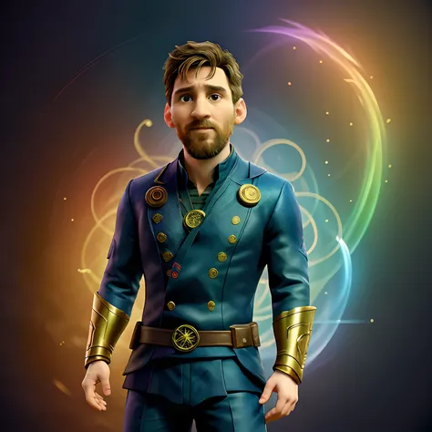 messi vestindo o traje do Doutor Estranho, Cabo detalhado, magical hand gestures, olhar intenso, cores vibrantes, arte de fantasia, Comic book style, Mystical elements, dynamic pose, strong lighting, action-packed scene, superhero theme, detalhes intrincad...