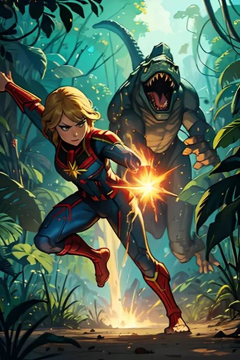 full body view of a barefooted Brie Larson as Captain Marvel running in panic towards the viewer through the jungle while chased by a dangerous dinosaur, her face denotes fear and desperation, action pose, no shoes, the dinosaur is very big and is visible ...