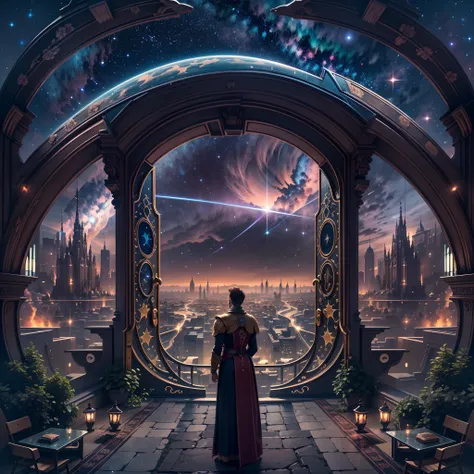 in a panoramic view，photorealestic，The two worlds are on the left and right sides of the screen，On the left is the sci-fi modern city and army，On the right are the cities and armies of the ancient magical era，The middle of the two pictures is connected by ...