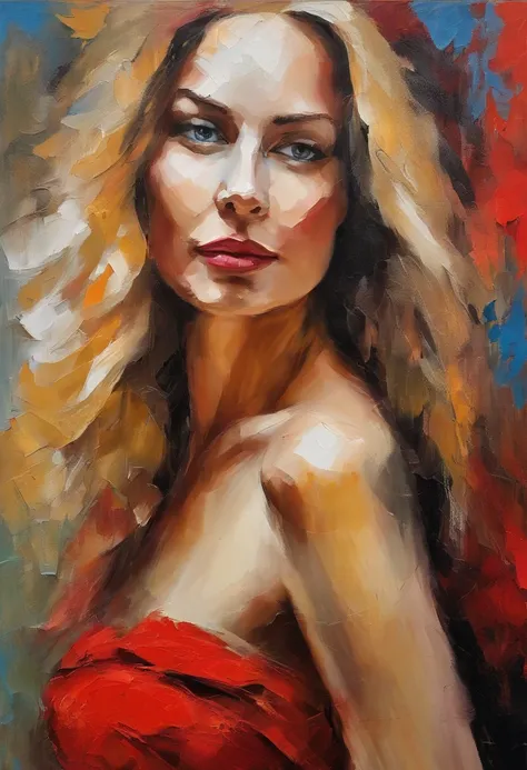 Female portrait, beautiful woman, long blond hair, eyes looking at camera, smiling, provocative red dress, acrylic painting, bold and expressive brushwork, impressionistic style, vibrant colors, very heavy brushstrokes with thick textured paint, fine art p...