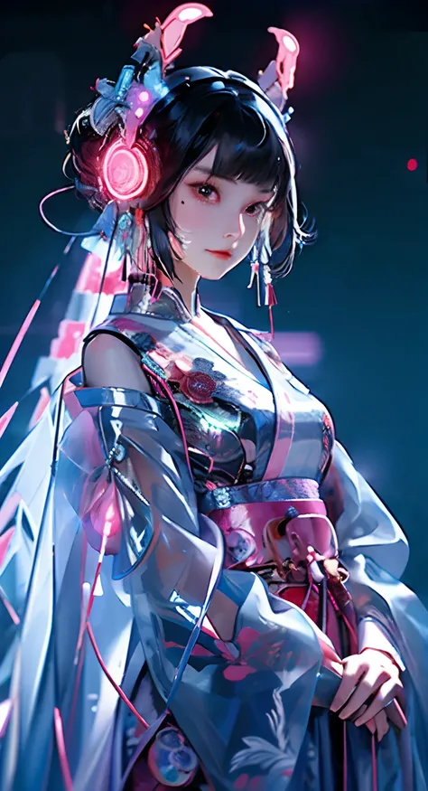 1 girl, Chinese_Clothes, liquid silver and pink, cyberhan, dressed in a pink kimono, Cyberpunk City, Dynamic Pose, glowing headphone, glowing hair accessories, Long hair, glowing earrings, glowing necklace, Cyberpunk, High-tech City, Full of mechanical and...