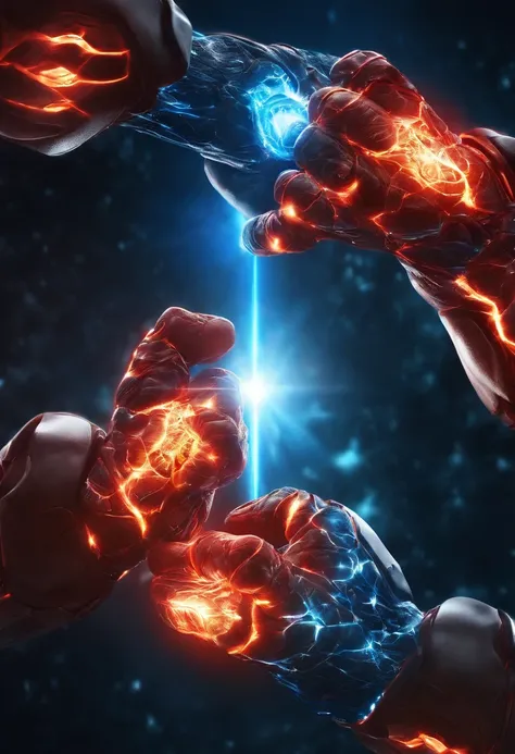 A pair of glowing fists,Bump into each other，Biomechanical, Very bright colors, Light particles, with light glowing, Red and blue showdown, wallpaper art, UHD wallpaper