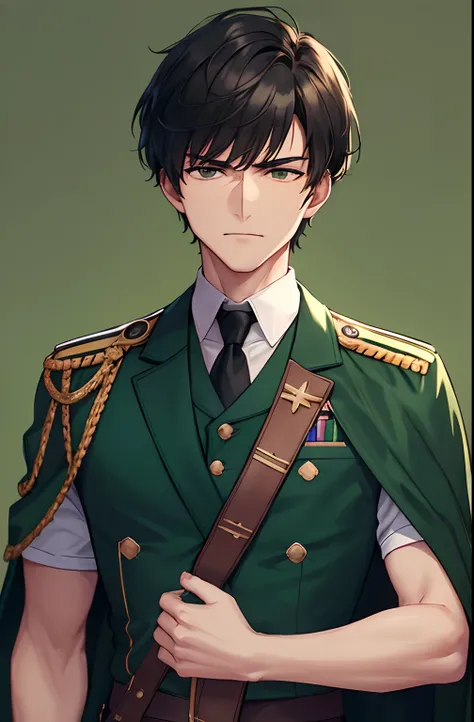 kk, best quality, more details, masterpiece, 1man, male focus, solo, green background, bangs, a soldier wearing a military uniform, green cloak, brown eyes, short hair, black hair, collared shirt, looking at viewer, smirked, luxurious, 8k, detailed, ray tr...