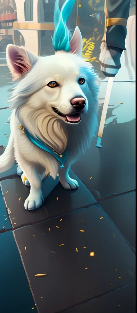 Fantastic Beasts concept art, colorful white Samoyed dog design with bright tail, ancient Chinese mythology, lucky lady cloud background beast, bright yellow eyes, HD CG epic rendering, majestic, realistic, water blue like the sea, reflection, cinematic po...