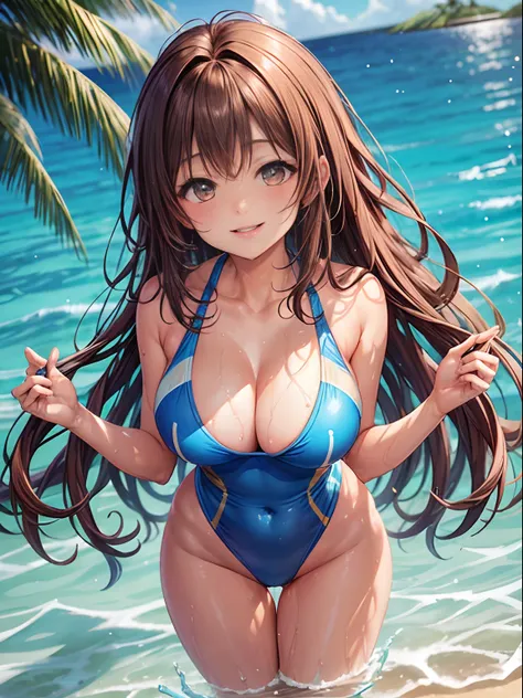 top-quality、Full limbs、complete fingers、One beautiful woman、Beautiful Large Breasts、straight haired、Brown-haired hair、Light blue competitive swimsuit、Wet texture、A big smile、Resorts、Maldives、Light blue water surface、sexypose、is standing