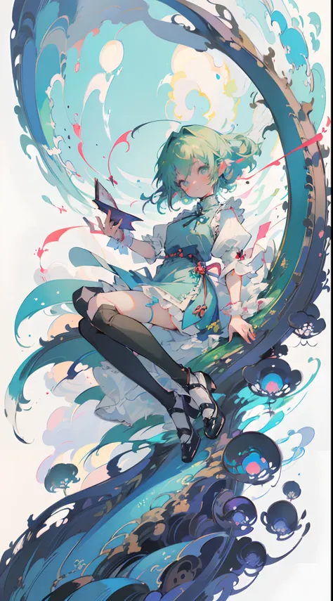 ((masutepiece, Best Quality: 1.1), ((Anime girl in blue dress with magic wand)), Art Nouveau、anime cat girl in a maid costume, Lori, ((Green hairs))、The long-haired、((Shining jewel-like eyes Long eyelashes Transparency))、Very Beautiful Anime Cat Girl, anim...