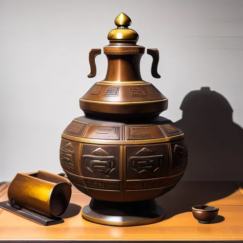 Antique artifacts，The bottle is placed on a boxwood table，Total height 28 cm，There is a lid on it，The buckle is tight，The shape of this copper bottle，It resembles a copper cleaning bottle unearthed by the shrine monk Tataki，It can be concluded that it is a...