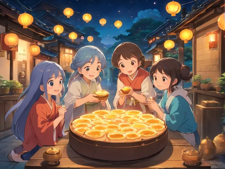 Mid-Autumn Festival，Full moon and stars in sky illustration，The family sits together eating mooncakes,Mom and dad laugh with the kids，Have in the living room、Bright house scene，Stars shine，Colorful，A huge moon floated over the city，KIDS ILLUSTRATION，Glow e...