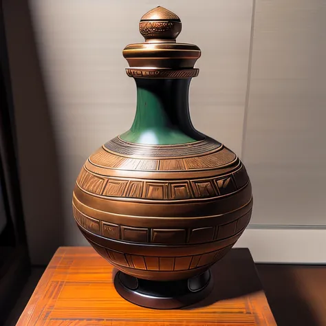 Antique artifacts，The bottle is placed on a boxwood table，Total height 28 cm，There is a lid on it，The buckle is tight，The shape of this copper bottle，It resembles a copper cleaning bottle unearthed by the shrine monk Tataki，It can be concluded that it is a...