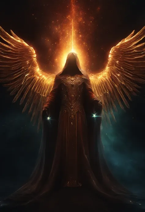 prophet nuh Cosmic Fallen Angel, glowing light eyes, Biomechanical, eerie, Creepy, nightmarish, Very bright colors, Light particles, with light glowing, Mshiff, wallpaper art, UHD wallpaper