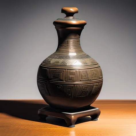 Antique artifacts，The bottle is placed on a boxwood table，Total height 28 cm，There is a lid on it，The buckle is tight，The shape of this copper bottle，It resembles a copper cleaning bottle unearthed by the shrine monk Tataki，It can be concluded that it is a...