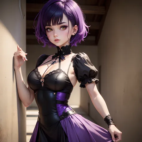 Girl ,with purple short hair, heterochromia, goth dess