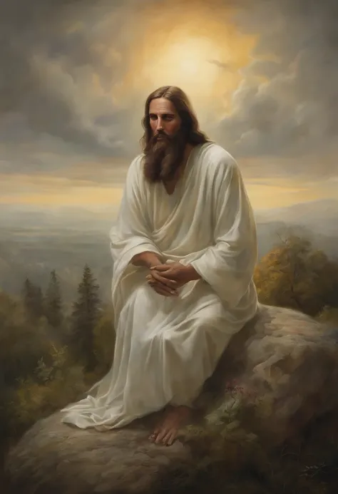 jesus christ, Kneel and Pray to Heaven, In front of the beautiful Horizonte, When the sun goes down, In relation to God, photo portrait, supervision: by Drew Tucker, supervision: Adam Marczyński, supervision: Alexander Kuchharsky, supervision: by Gavin Nol...