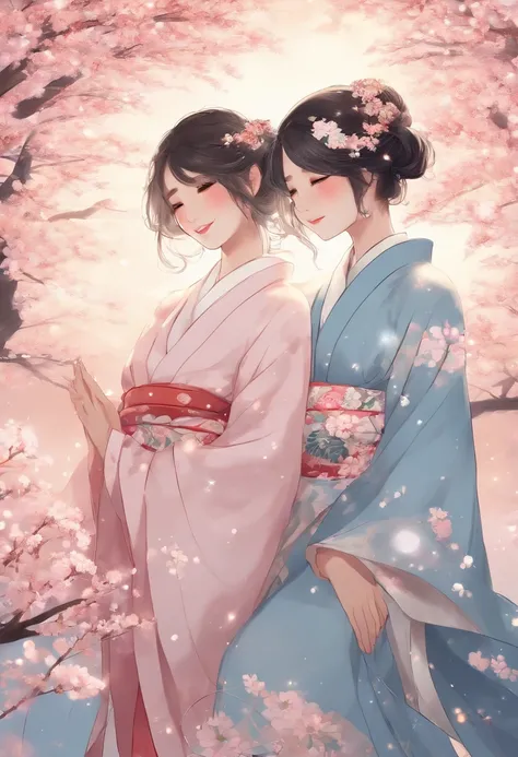 two girls are showing each other their hands under fireworks and stars backdrop, fireworks, blue eyes, kimono, multiple girls, japanese clothes, smile, 2girls, flower, hair flower, closed mouth, long hair, aerial fireworks, hair ornament, holding hands, sa...