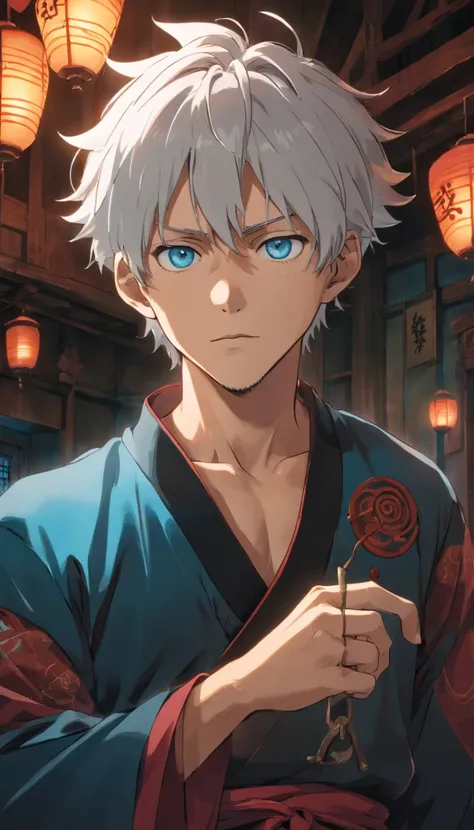 color photo of Gojo Satoru, the enigmatic sorcerer from Jujutsu Kaisen, with his piercing blue eyes, tousled white hair, and flawless porcelain skin. His confident smirk reveals a hint of mischief, while his tall and lean physique exudes strength and agili...