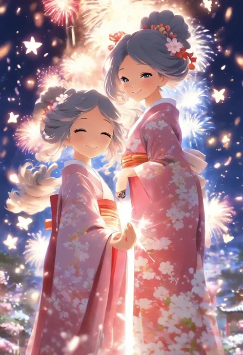 two girls are showing each other their hands under fireworks and stars backdrop, fireworks, blue eyes, kimono, multiple girls, japanese clothes, smile, 2girls, flower, hair flower, closed mouth, long hair, aerial fireworks, hair ornament, holding hands, sa...