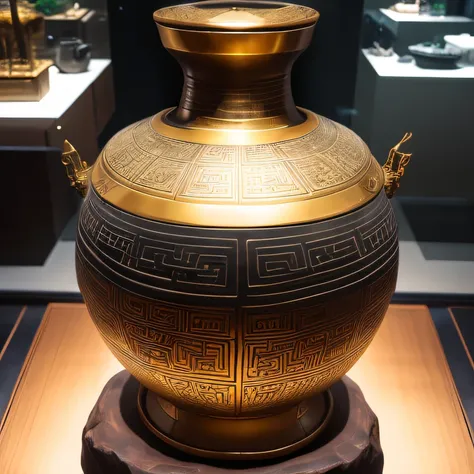 Antique artifacts，The bottle is placed on a boxwood table，Total height 28 cm，There is a lid on it，The buckle is tight，The shape of this gold, platinum, copper bottle，It resembles a copper cleaning bottle unearthed by the shrine monk Tataki，It can be conclu...