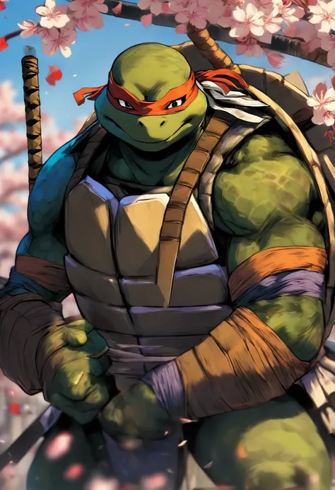 The most brave and noble turtle samurai warrior, blonde hair, blue eyes, incredibly detailed black samurai armor with mounted sashimono war flag, cherry blossoms blowing in the wind, perfect masterpiece, high quality, high resolution,(((TMNT))),