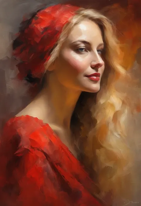 Female portrait, classically beautiful woman, long blond hair, eyes looking at camera, happy, smiling, red dress, acrylic painting, bold and expressive brushwork, impressionistic style, epic surreal background, very heavy brushstrokes with thick textured p...