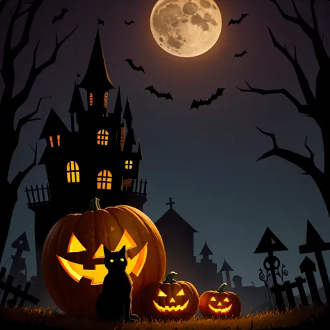 halloween cute pumpkin background with black cat and spooky castle on the background with gravestones and a full moon